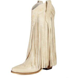 ⚡Women's Tan Embroidered Fringe Pull On Mid Calf Block Chunky Heel Pointed Toe